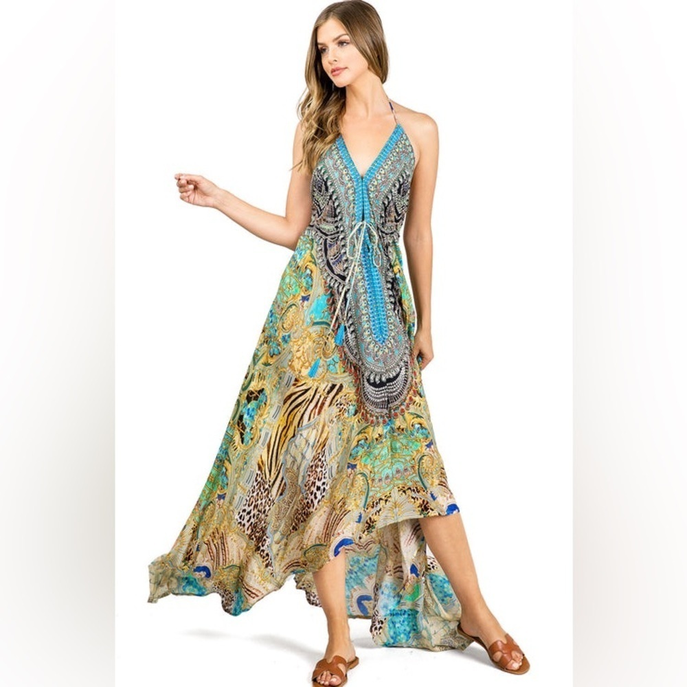 Bejeweled Tropical Maxi Dress Hi-Low Resort Cruise Love Island Boho Vaca Cruise